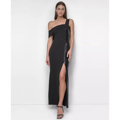 DKNY Women's Black One-Shoulder Sequin-Strip Gown Dress Size 8, MSRP: 249$