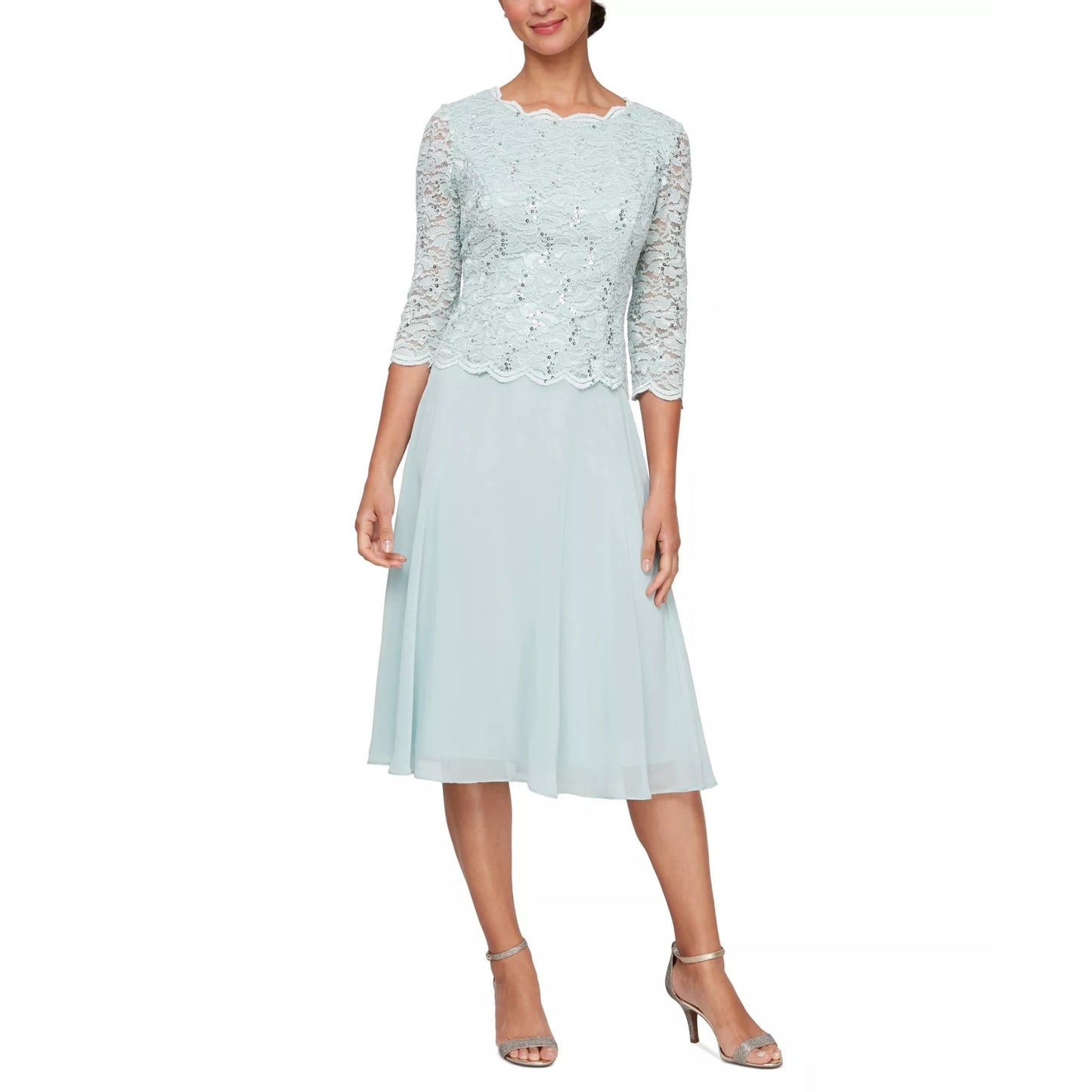 Alex Evenings Sequined Lace Contrast Midi Dress - Fresh Mint, Size 8, MSRP: 189$