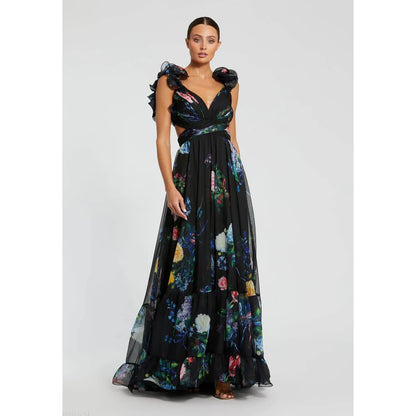 Mac Duggal 68746 Vestido largo de gasa con volantes en capas y aberturas florales, talla 4, PVP: 598$