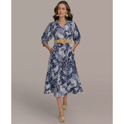 Donna Karan Belted Long Sleeve Linen Blend Maxi Shirtdress In Ink ,Size 10, 199$