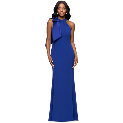 Betsy & Adam Women's Bow-Embellished Halter Neck Sleeveless Gown,Indigo, Size 14