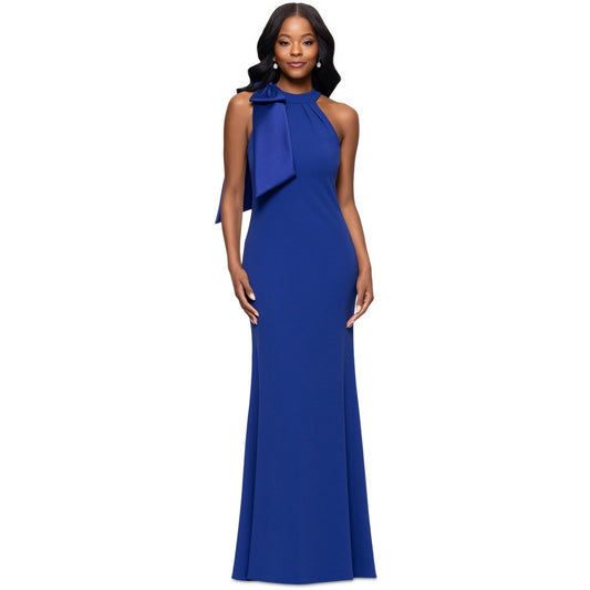 Betsy & Adam Women's Bow-Embellished Halter Neck Sleeveless Gown,Indigo, Size 14