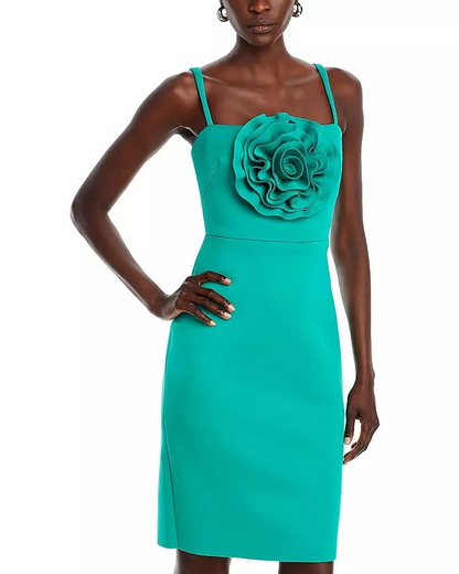 Vestido formal estilo vaina hasta la rodilla con roseta verde para mujer Eliza J, talla 6. Precio de venta sugerido por el fabricante: 158 $
