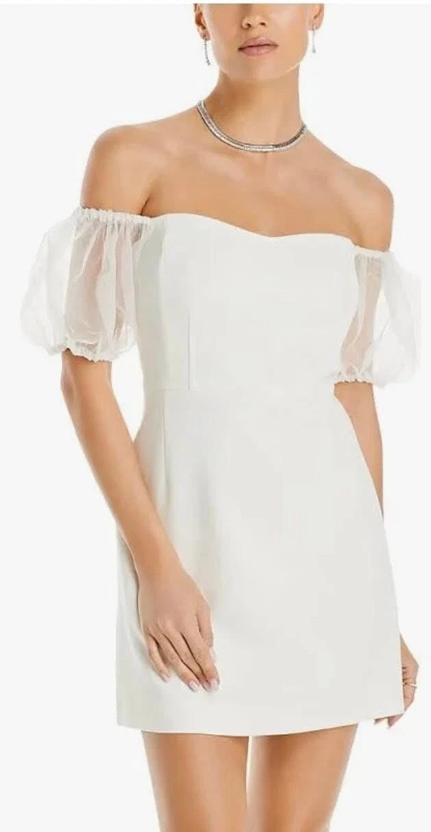 Vestido French Connection Whisper de manga abullonada para mujer, talla 4, blanco de verano, cremallera trasera, manga corta