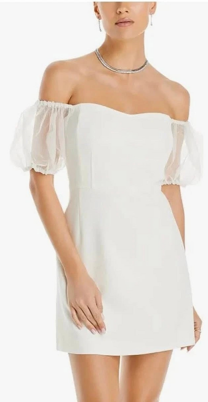 Vestido French Connection Whisper de manga abullonada para mujer, talla 4, blanco de verano, cremallera trasera, manga corta