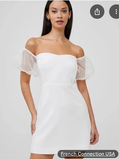 Vestido French Connection Whisper de manga abullonada para mujer, talla 4, blanco de verano, cremallera trasera, manga corta